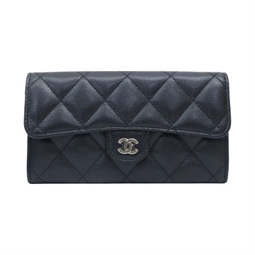黑色 荔枝紋 牛皮 M-Medium 扣式長夾 金扣 【CHANEL 香奈兒】 AP1000