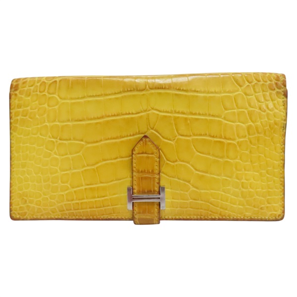 黃色 鱷魚皮 Bearn 長夾 口Q刻 銀釦【HERMES 愛馬仕】