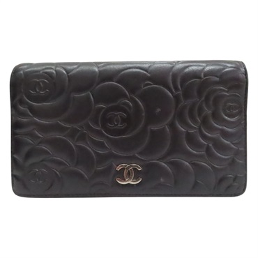 黑色 羊皮 山茶花壓紋 長夾 (無卡)【CHANEL 香奈兒】
