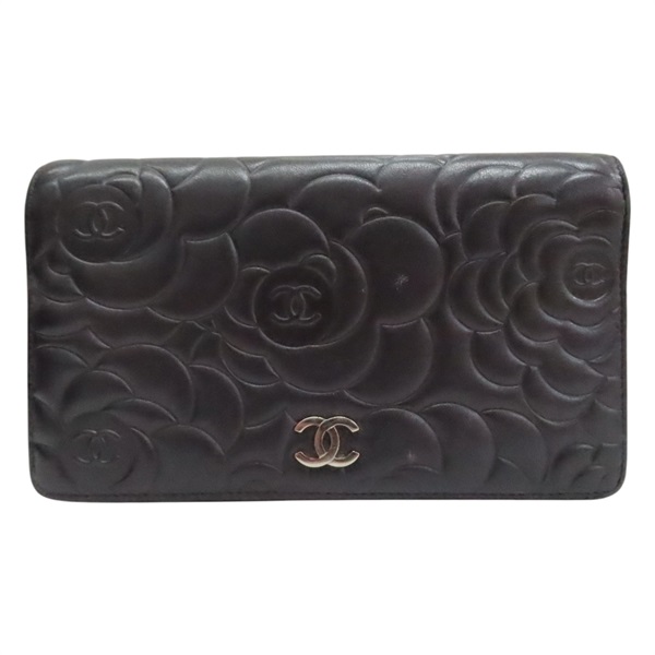 黑色 羊皮 山茶花壓紋 長夾 (無卡)【CHANEL 香奈兒】