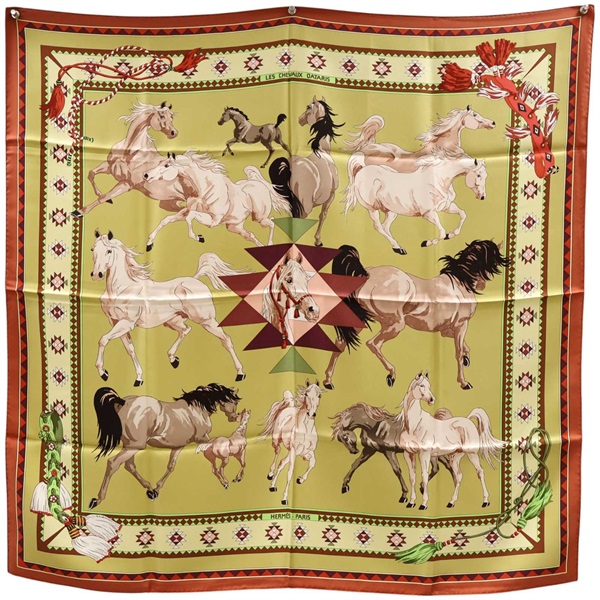 綠色 Les Chevaux Qataris 絲綢 絲巾 90x90【HERMES 愛馬仕】