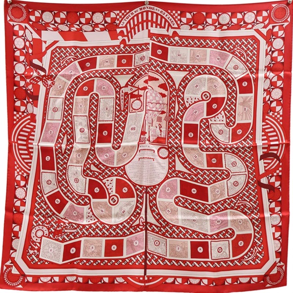紅色 Le Tour du Monde en 63 Cases 絲綢 絲巾 90x90【HERMES 愛馬仕】