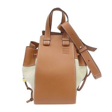 棕/米色 牛皮 帆布 Hammock Drawstring M 肩背包【LOEWE 羅威】 314.39.V06