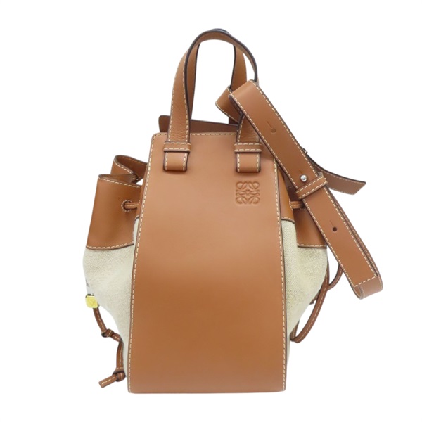 棕/米色 牛皮 帆布 Hammock Drawstring M 肩背包【LOEWE 羅威】 314.39.V06