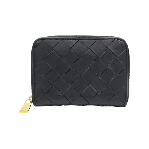 黑色 編織羊皮 Intercciato Zip Around Coin Case 拉鍊短夾 【BOTTEGA VENETA 寶緹嘉】 600874
