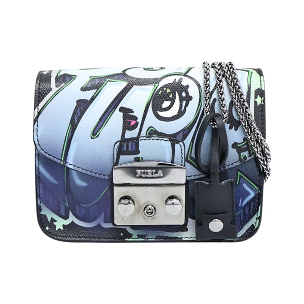 藍/黑色 PVC塗層帆布 塗鴉 Chain Shoulder 肩背包【 Furla芙拉】