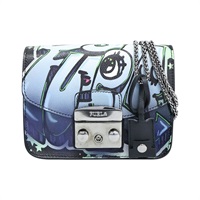 藍/黑色 PVC塗層帆布 塗鴉 Chain Shoulder 肩背包【 Furla芙拉】