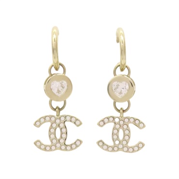 淺金色 鍍金 水鑽 CC Logo Heart 耳環【CHANEL 香奈兒】