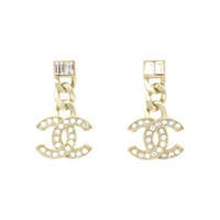 金色 鍍金 水鑽 雙C 垂墜 針式耳環【CHANEL 香奈兒】