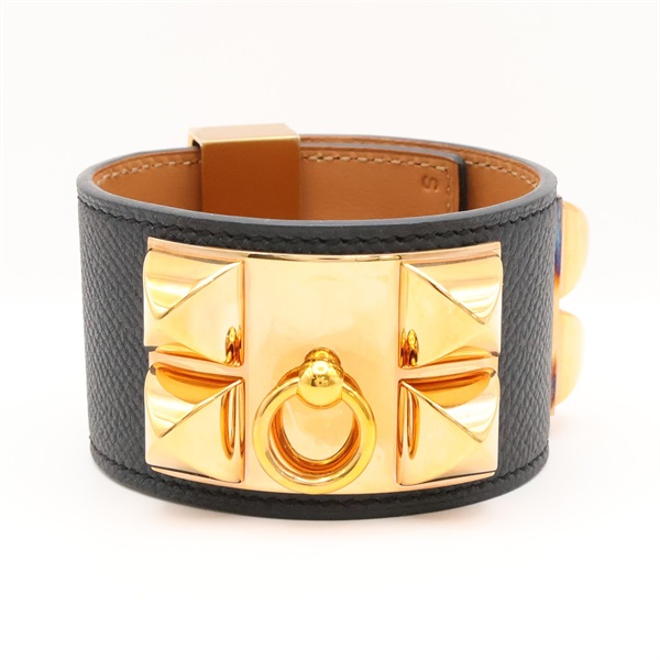黑色 鍍金 EPSOM牛皮 Collier de Chien 手環 T刻 金扣【HERMES 愛馬仕】