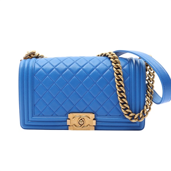 藍色 菱格紋羊皮 Boy 25 肩背包 鍊帶【CHANEL 香奈兒】 A67086