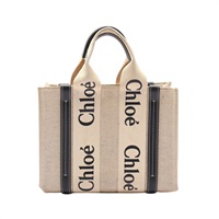 米色帆布 黑色牛皮 Woody Small 手提包【Chloe 克羅伊】 CHC22AS397I26