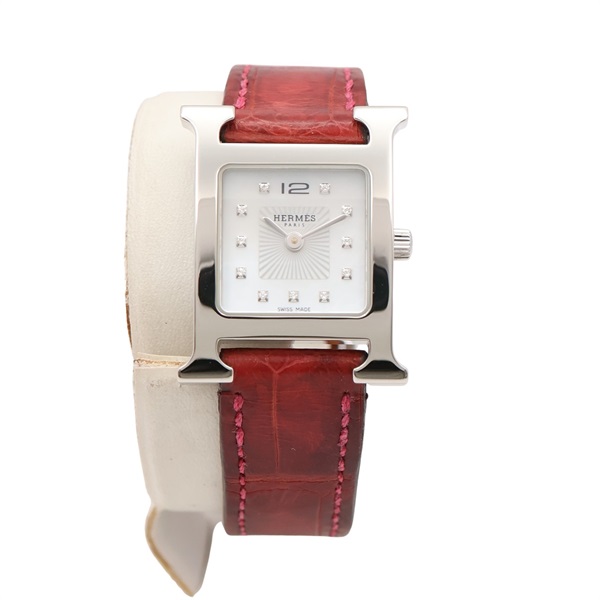 HERMES 愛馬仕 Heure H 腕錶 銀色錶盤 紅色 牛皮錶帶 鑽石 HH1.210