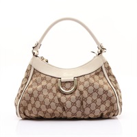 烏木色 GG 帆布 白色牛皮 Abbey D-Ring 肩背包【GUCCI 古馳】 190525