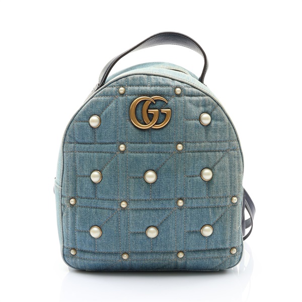 藍色 單寧布 白色圓珠 GG Marmont 後背包【GUCCI 古馳】 476671