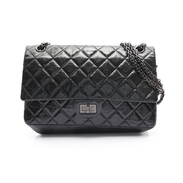 黑色 菱格紋 牛皮 2.55 Reissue 肩背包 (按扣裂紋)【CHANEL 香奈兒】 A37587