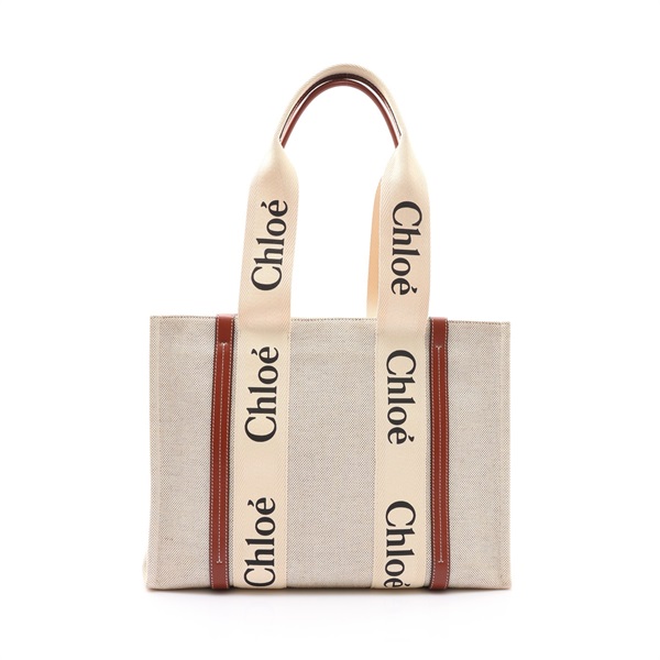 米白/棕色 帆布 Woody Medium 托特包 肩背包【Chloe 克羅伊】 CHC21US383E6690U