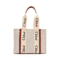 米白/棕色 帆布 Woody Medium 托特包 肩背包【Chloe 克羅伊】 CHC21US383E6690U