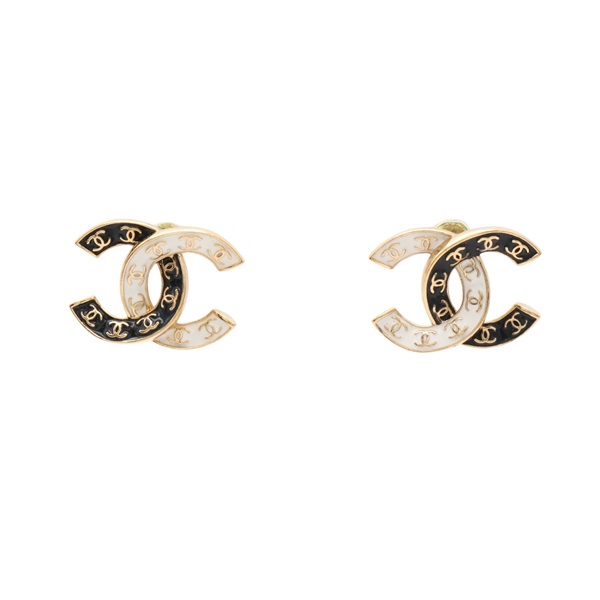 CHANEL 香奈兒 雙C 耳環 黑白 琺瑯 金色鍍金 ABC996
