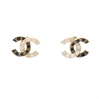 CHANEL 香奈兒 雙C 耳環 黑白 琺瑯 金色鍍金 ABC996