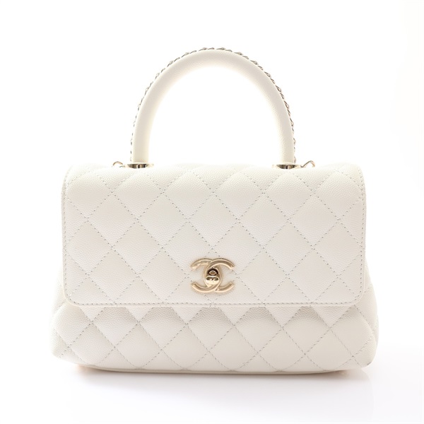 CHANEL 香奈兒 Coco Handle 兩用包 白色 荔枝紋牛皮 金扣 A92990