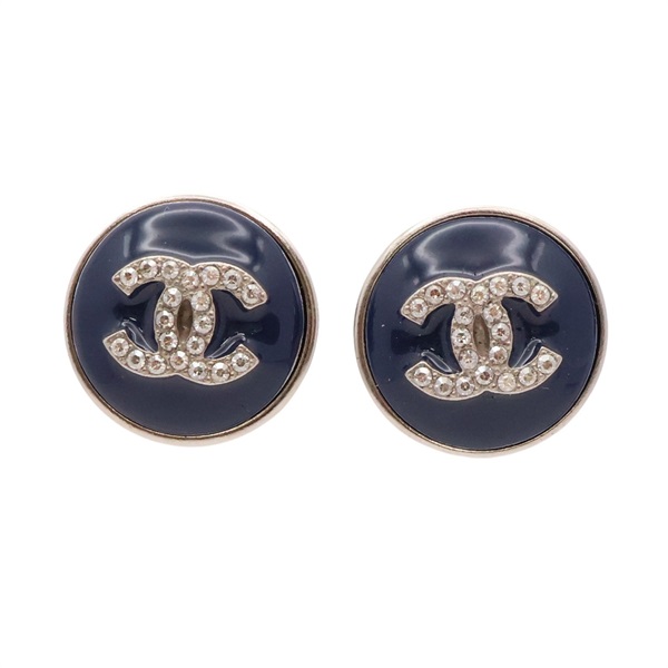 CHANEL 香奈兒 CC 圓形 針式耳環 藍色 金屬