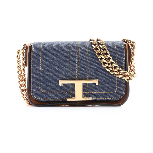 TOD'S 托德斯 T Timeless 鍊帶肩背包 棕/藍色 丹寧 牛皮