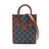 GUCCI 古馳 Interlocking G Mini 兩用包 深藍色 GG Supreme丹寧布 棕色牛皮 671623