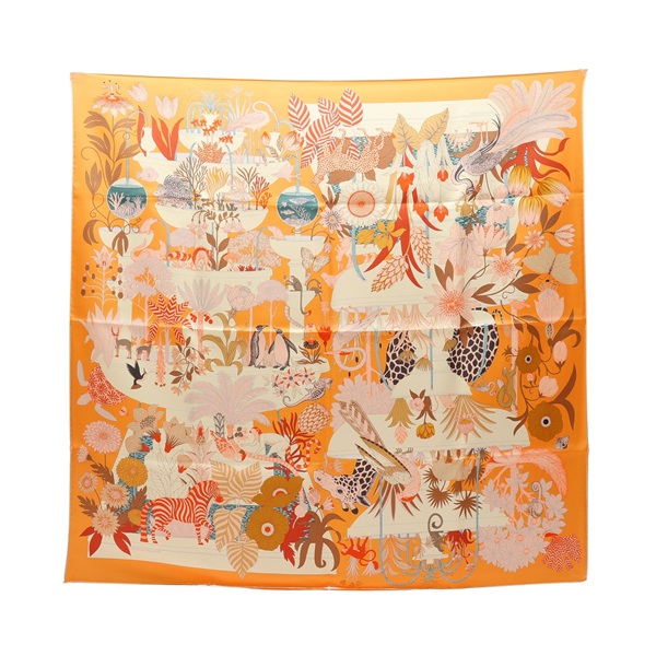 HERMES 愛馬仕 Carre 90 Precious Paradise 方巾 橘色 絲綢 H004094S