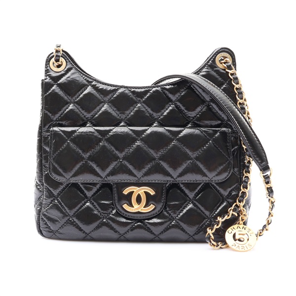 CHANEL 香奈兒 Wavy CC Hobo 肩背包 黑色 亮面皺褶小牛皮 金扣 AS4322