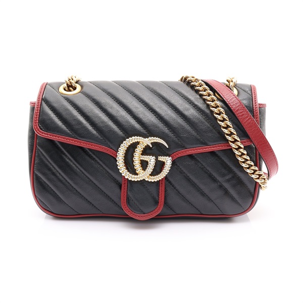 GUCCI 古馳 GG Marmont 絎縫 小號 肩背包 黑/紅色 牛皮 443497
