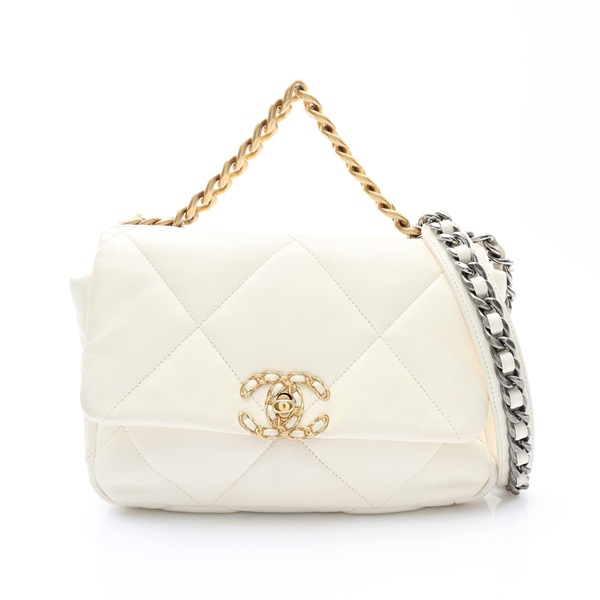 CHANEL 香奈兒 19 兩用包 白色 菱格紋 羊皮 金釦 AS1160
