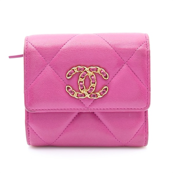 CHANEL 香奈兒 19 三折扣式短夾 紫色 菱格紋羊皮 金扣 AP1064