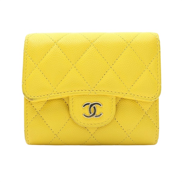 CHANEL 香奈兒 三折短夾 黃色 荔枝紋牛皮 金扣