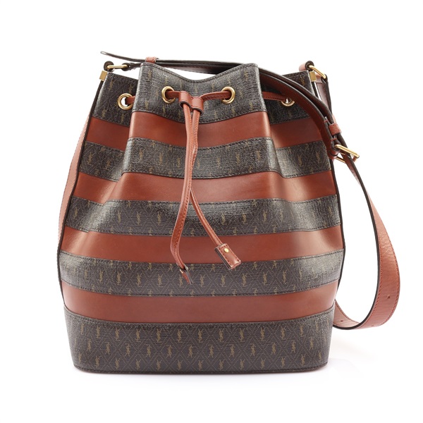 SAINT LAURENT YSL 聖羅蘭 Monogramme Striped 水桶包 棕色 原花帆布 牛皮 568606