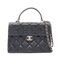 CHANEL 香奈兒 Top Handle Flap 兩用包 黑色 荔枝紋 菱格紋牛皮 金扣 AS4712