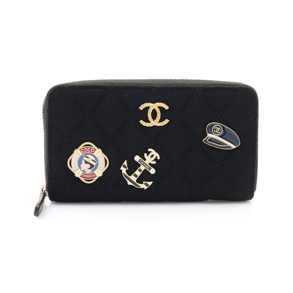 CHANEL 香奈兒 Paris-Hamburg Charms 金釦海軍徽章 拉鍊 中夾 黑色 羊毛呢 A70330