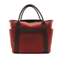 HERMES 愛馬仕 The Grooming 手提包 愛馬仕紅/巧克力棕色 帆布 B刻 H000997EKRC