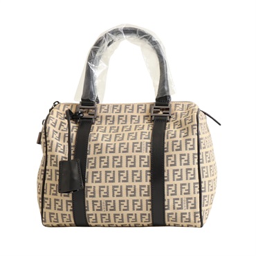 FENDI 芬迪 Zucchino 手提包 波士頓包 米色帆布 棕色牛皮 8BL068