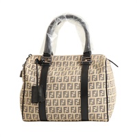 FENDI 芬迪 Zucchino 手提包 波士頓包 米色帆布 棕色牛皮 8BL068