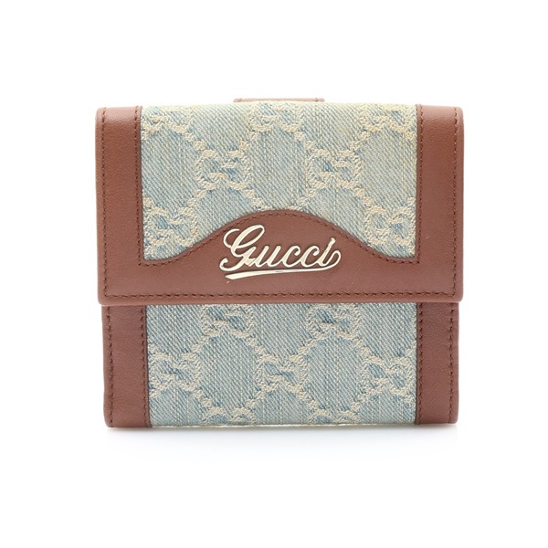 GUCCI 古馳 GG Denim 兩折 短夾 淺藍色丹寧布 棕色牛皮 282412