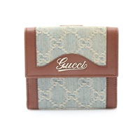 GUCCI 古馳 GG Denim 兩折 短夾 淺藍色丹寧布 棕色牛皮 282412