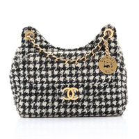 CHANEL 香奈兒 Wavy CC Hobo 鍊帶肩背包 黑/白色 粗花呢 金扣 AS4323