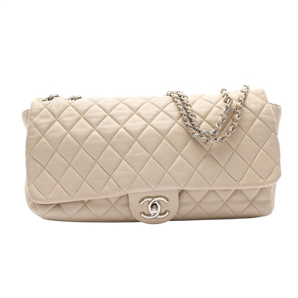 CHANEL 香奈兒 Jumbo Coco Rain Flap 鍊帶肩背包 米色 羊皮 銀扣 無卡 A48556