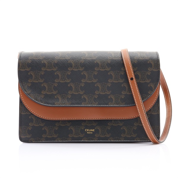 CELINE 賽琳 WALLET ON STRAP 肩背包 棕色 Triomphe 帆布 牛皮 10D852CG9