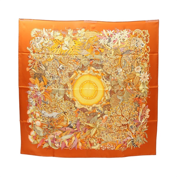 HERMES 愛馬仕 Au Coeur de la Vie Carre 90 方巾 橘色 絲綢
