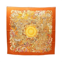HERMES 愛馬仕 Au Coeur de la Vie Carre 90 方巾 橘色 絲綢