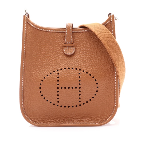 HERMES 愛馬仕 MiNi Evelyne 肩背包 金棕色 TC牛皮 G刻 銀扣 H077640CC