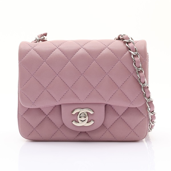 CHANEL 香奈兒 Mini Chain Flap 肩背包 淡粉灰色 羊皮 銀扣 A35200