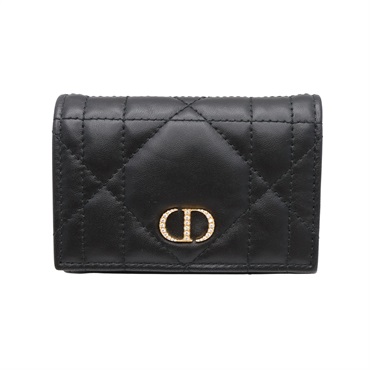 DIOR 迪奧 Caro Glycine 二折短夾 黑色 籐格紋 羊皮 S4206UHNN_M413